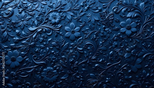 Embossed Midnight Blue Textured Surface with Ornate Floral Designs for Elegant and Luxurious Backgrounds
