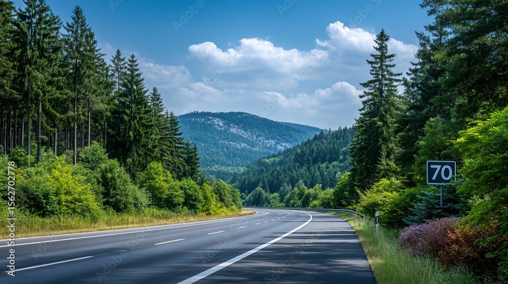 Fototapeta premium Asphalt road stretches through lush green forest under a cloudy sky