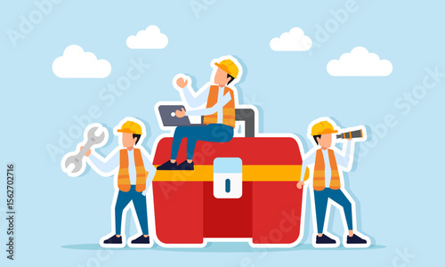 Several engineers around a toolbox one using a scope one holding a wrench and another with a laptop illustration of equipment preparation for construction project completion