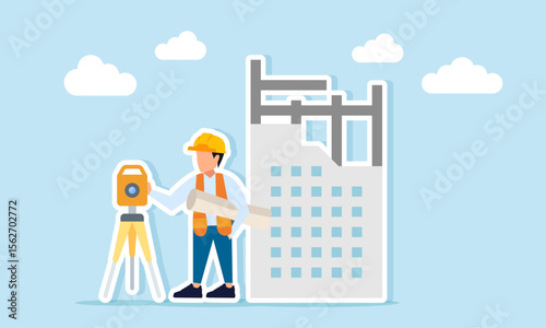Engineer holding plan paperwork standing between a theodolite and building construction site illustration of preparation for working on a building project