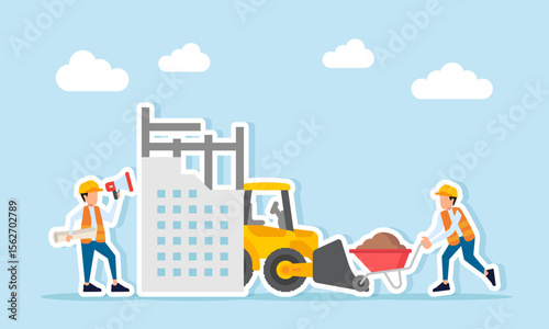 Engineer holding paperwork and megaphone while another pushes a sand cart near heavy equipment and a construction site illustration of giving instructions during project execution