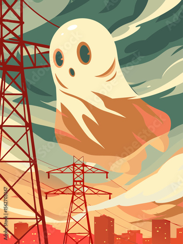 A cute smiling ghost flying over a spooky city skyline with power lines and towering structures under a cloudy sky. Spooky Halloween concept. Vector illustration for greeting card, poster, banner