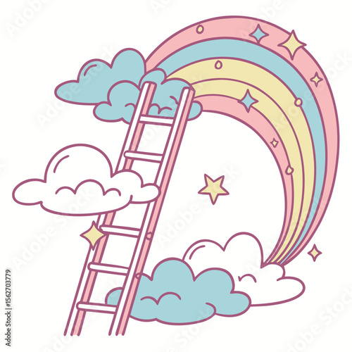 Ladder Leading to Cartoon Rainbow in Cloudy Sky, A cheerful cartoon scene featuring a ladder ascending into a vibrant five-color rainbow surrounded by fluffy clouds and sparkling stars — symbolizing p