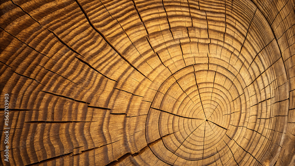 Fototapeta premium Cross section of tree trunk showing growth, tree rings, wood grain, aged trunk cross-section