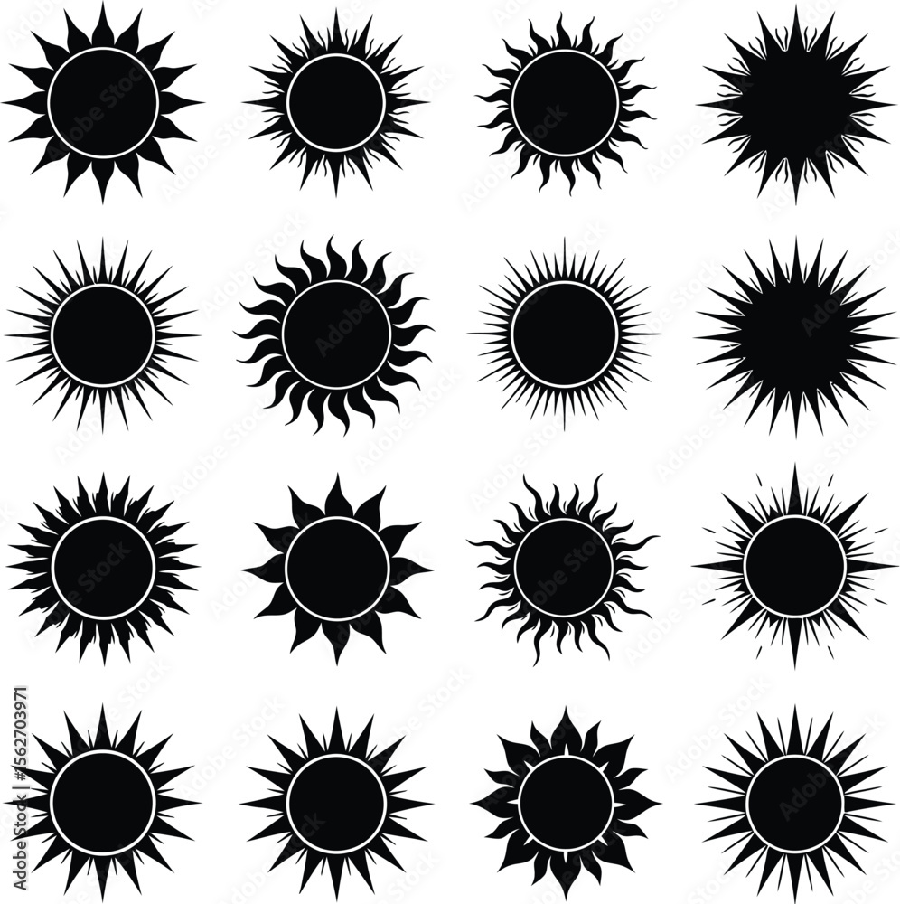Fototapeta premium Diverse Sun and Starburst Silhouettes: Abstract Rays, Spikes, and Sunburst Shapes for Bright, Energetic, and Summer Designs.