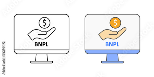 BNPL on desktop checkout icon with monitor and payment badge, ideal for online shopping, e-commerce, and buy now pay later platforms.
