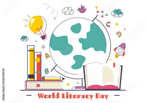 World Literacy Day Vector Illustration on 8th September Featuring Books, Educational Tools, and Learning for an Educational Holiday in a Background