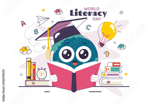 World Literacy Day Vector Illustration on 8th September Featuring Books, Educational Tools, and Learning for an Educational Holiday in a Background