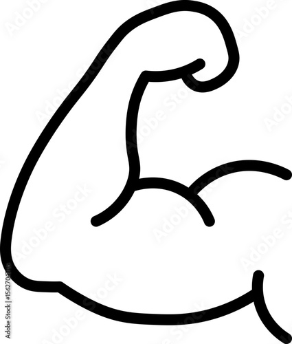 Strong arm flexing, muscular bicep, fitness, strength, power, and health symbol in simple black outline style, conveying confidence and motivation for exercise or bodybuilding