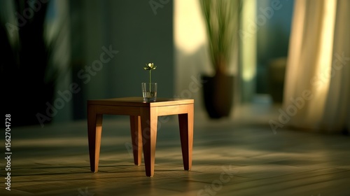 Simple Wooden Table with Glass and Green Plant in Modern Room