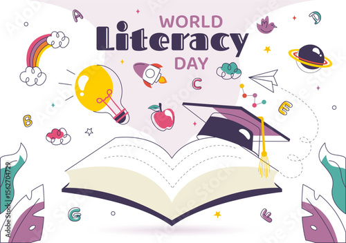World Literacy Day Vector Illustration on 8th September Featuring Books, Educational Tools, and Learning for an Educational Holiday in a Background