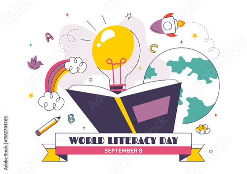 World Literacy Day Vector Illustration on 8th September Featuring Books, Educational Tools, and Learning for an Educational Holiday in a Background