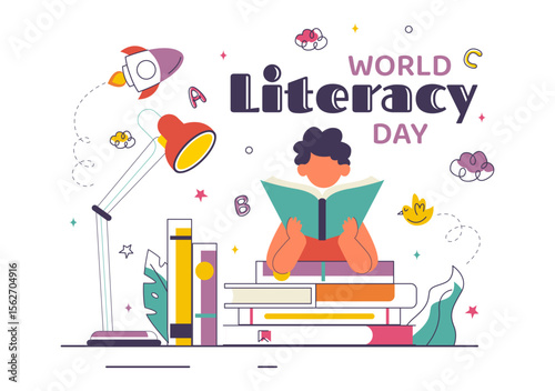 World Literacy Day Vector Illustration on 8th September Featuring Books, Educational Tools, and Learning for an Educational Holiday in a Background