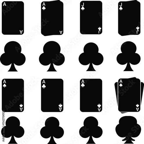 Diverse Playing Card & Ace Silhouettes: Spades, Clubs, Diamonds, Hearts, and Various Card Orientations for Gaming Concepts.