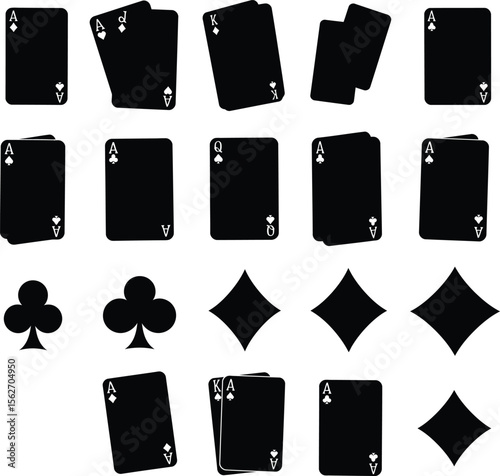 Diverse Playing Card & Ace Silhouettes: Spades, Clubs, Diamonds, Hearts, and Various Card Orientations for Gaming Concepts.