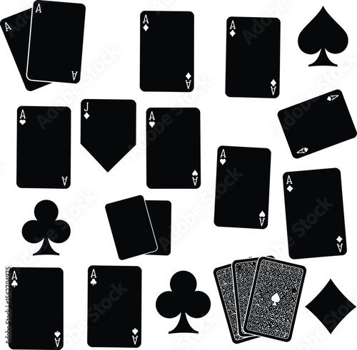Diverse Playing Card & Ace Silhouettes: Spades, Clubs, Diamonds, Hearts, and Various Card Orientations for Gaming Concepts.