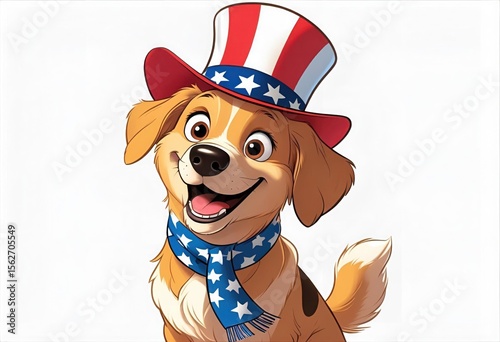 Happy Dog Celebrating 4th of July with Patriotic Hat and Scarf in Studio Setting