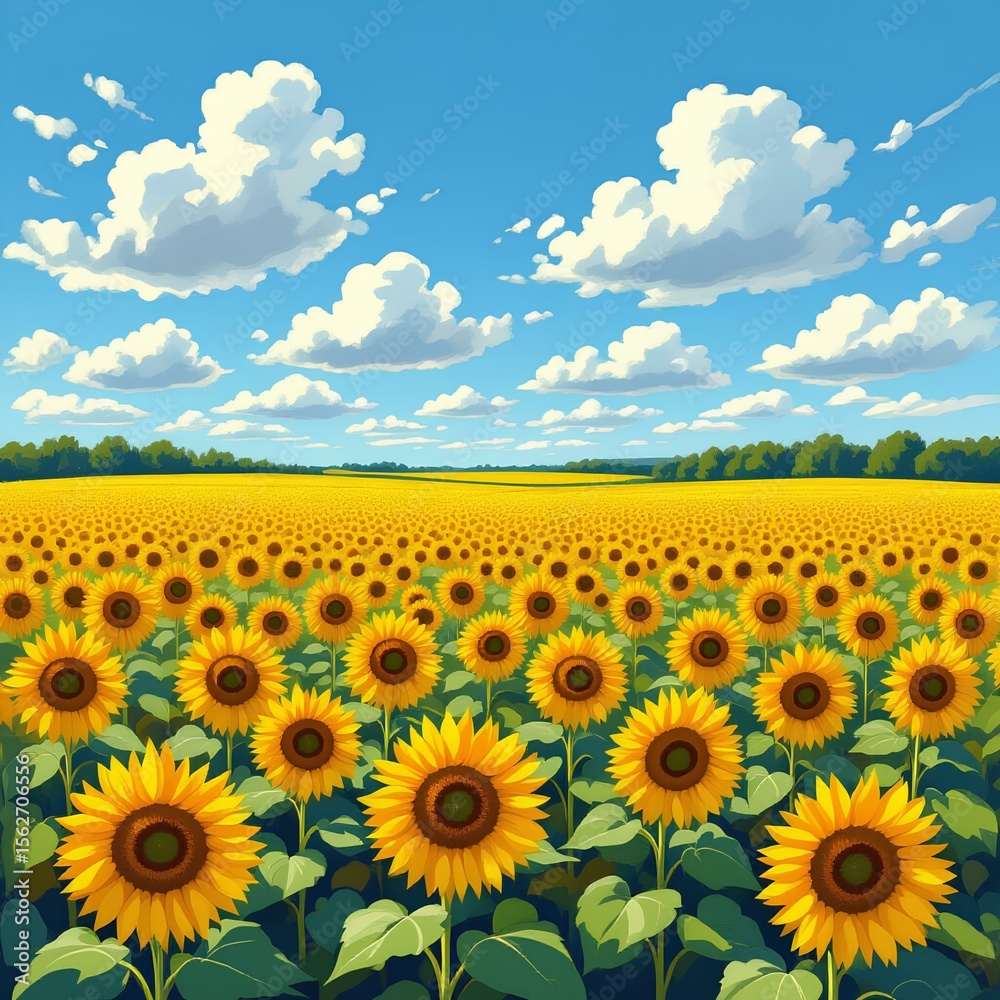 Fototapeta premium A vibrant field of sunflowers basks under a bright blue sky, filled with fluffy white clouds.