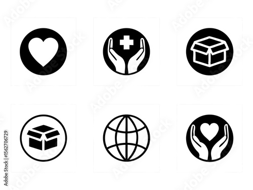 Set of six icons representing charity healthcare and global delivery services