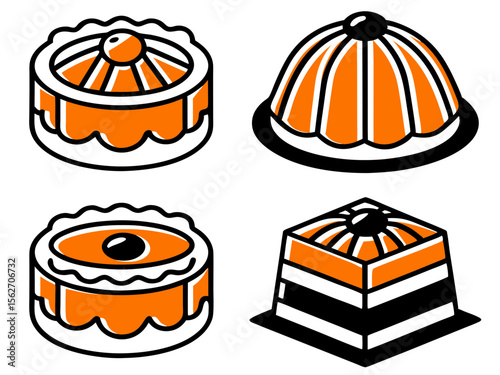 Set of four stylized isometric desserts with orange and black colors
