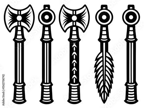 Collection of stylized fantasy weapons including axes and a spear on a white background