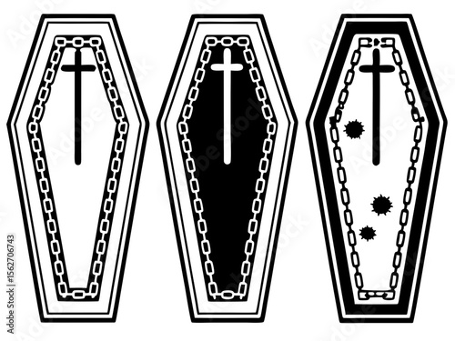Three stylized coffins with crosses and chains in black and white