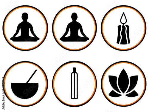 Collection of six circular icons representing yoga meditation candle lotus flower and aromatherapy