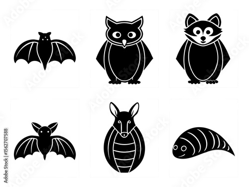 Collection of six stylized black and white animal silhouettes on white backgrounds