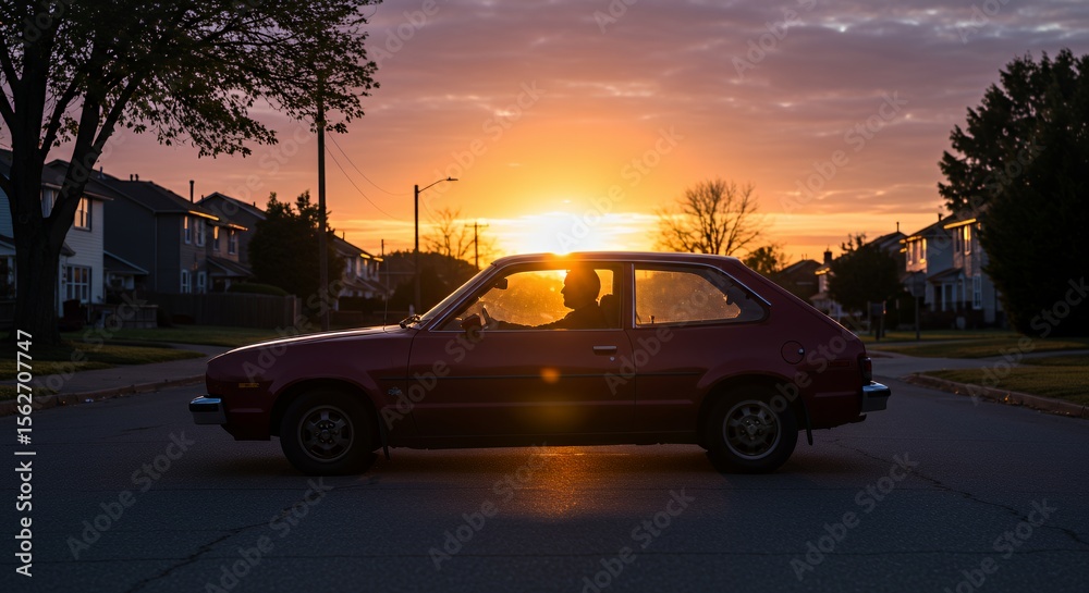 Fototapeta premium Silhouette of a driver enjoying a sunset drive through a residential neighborhood, bathed in the golden light of the setting sun.