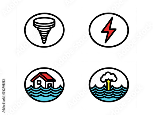 Collection of four icons representing natural disasters and emergencies