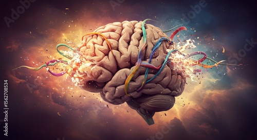 Exploding Brain with Colorful Ribbons and Energetic Background