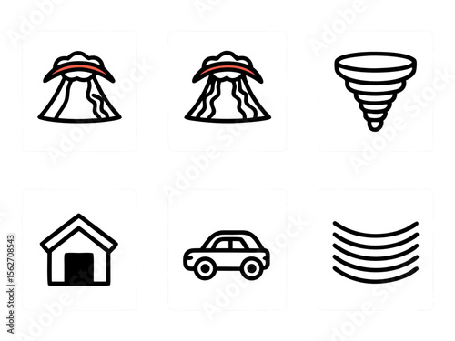 Set of six icons representing natural disasters and common objects