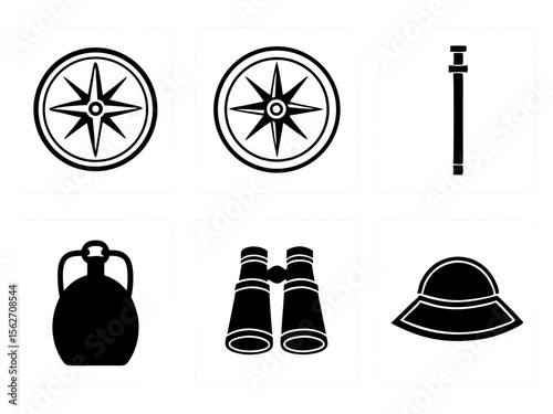 Collection of nautical and travel icons including compasses binoculars amphora and hat