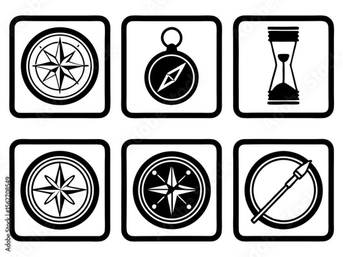 Collection of black and white icons representing navigation and timekeeping elements