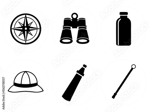 Collection of safari and adventure icons including a compass binoculars hat bottle and walking stick