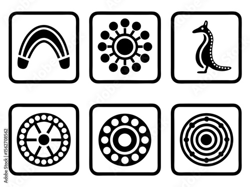 Collection of six black and white icons featuring aboriginal art and symbols