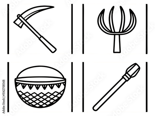 Collection of four simple line art icons representing agricultural tools and objects