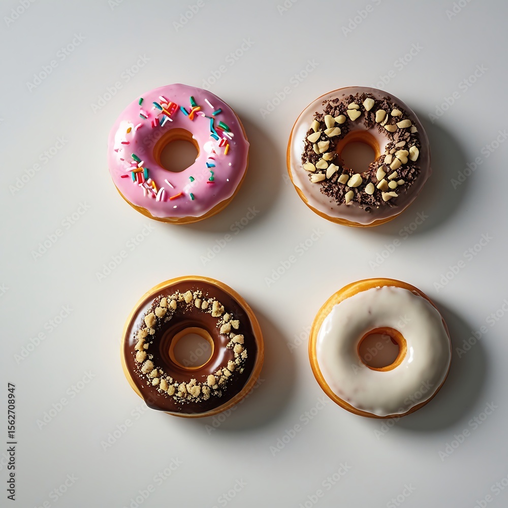 Fototapeta premium Four perfectly round donuts evenly spaced in a triangular arrangement directly on a plain white background—no props or plate. One has pink glaze with rainbow sprinkles.
