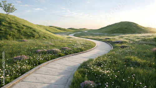 Winding Concrete Path Through Wildflower Field And Blue Sky