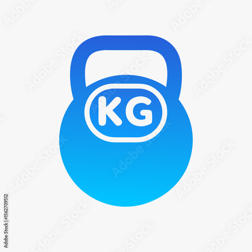 Blue gradient kettlebell icon with KG text, fitness weight symbol on light background, flat modern design 
