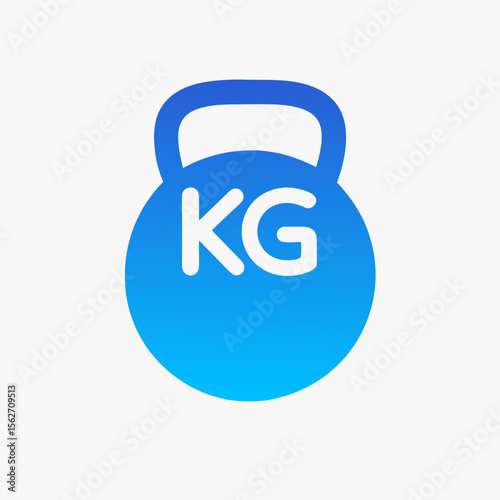 Blue gradient kettlebell icon with KG text, fitness weight symbol on light background, flat modern design 
