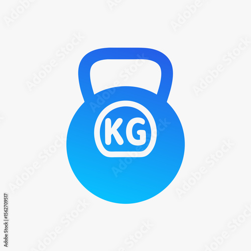Blue gradient kettlebell icon with KG text, fitness weight symbol on light background, flat modern design 
