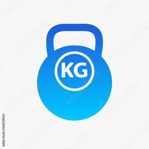 Blue gradient kettlebell icon with KG text, fitness weight symbol on light background, flat modern design 
