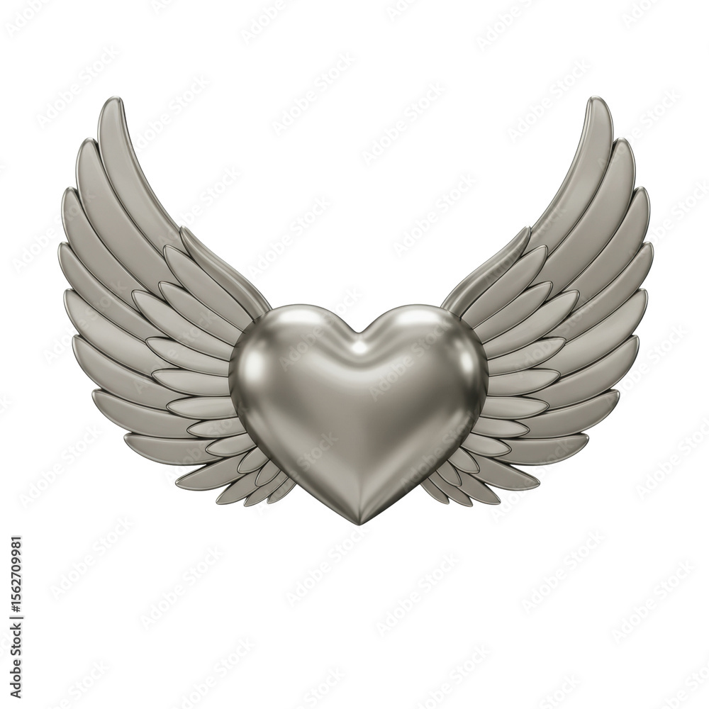 Obraz premium 3D realistic silver heart with wings for love, freedom, angel, or fantasy concept isolated on a transparent background, png, cutout
