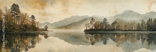 Serene lake reflecting misty mountains and trees.