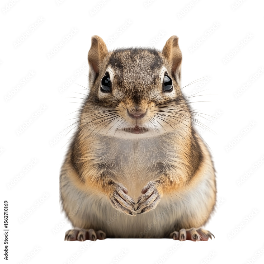 Obraz premium Front view of a striped chipmunk standing against a solid white background in realistic stock style