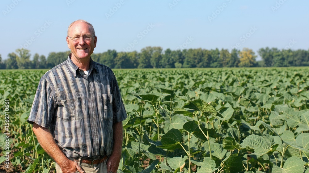 Fototapeta premium A man standing in a field of sunflowers, wearing a striped shirt, with a clear blue sky in the background.