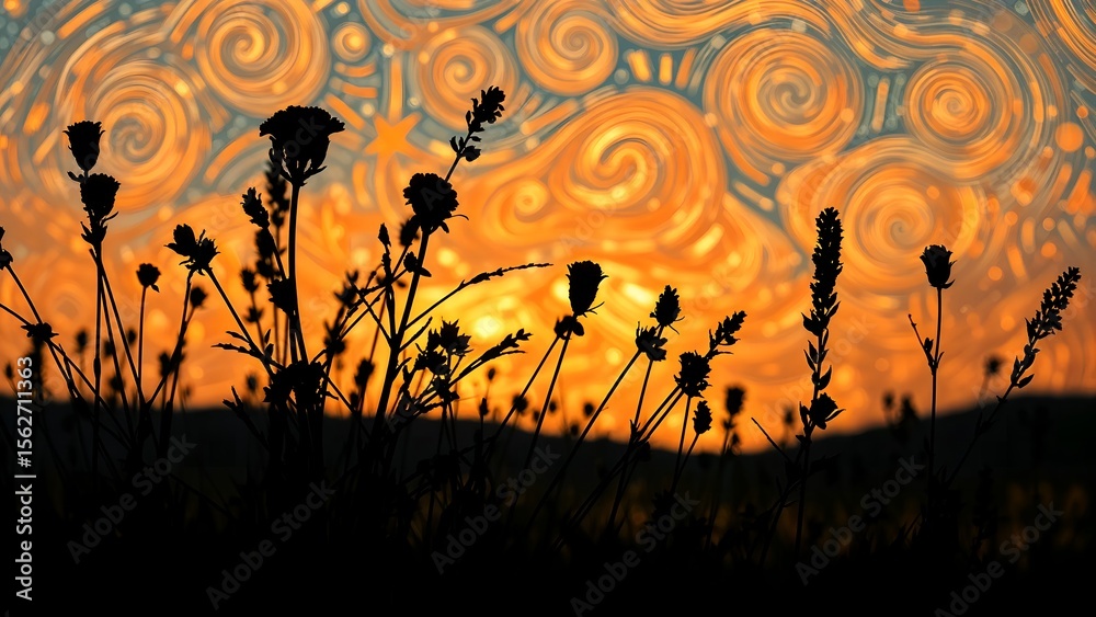 Obraz premium Orange autumn sunset landscape with art painting silhouetted circle ring clouds , flower, and grass
