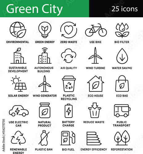 25 Green city outline icons representing sustainable living and environmental protection, including renewable energy, eco-friendly transportation, waste reduction, and sustainable development.
