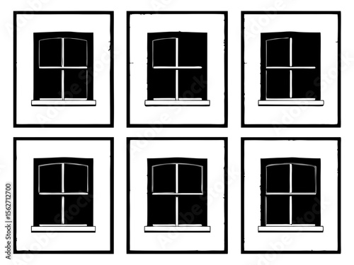 Six identical black and white graphic illustrations of a window with a curved top